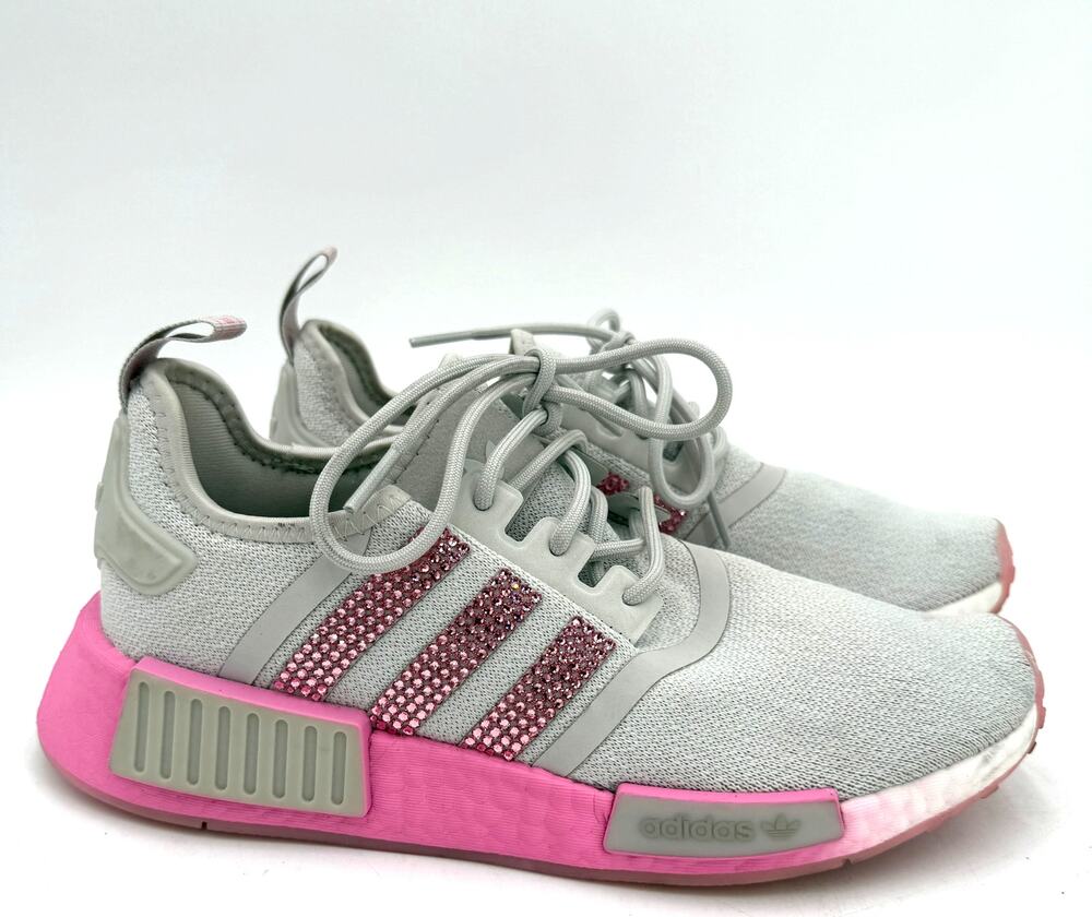 Adidas Grey & Pink NMD R1 Swarovski Crystals Bling Rhinestone Sneakers Size 7.5